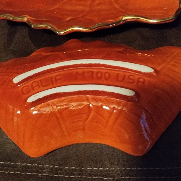 Vintage Orange Leaf Gold Trim Bowl & 4 Serving Plates USA California M700 - Picture 4 of 11